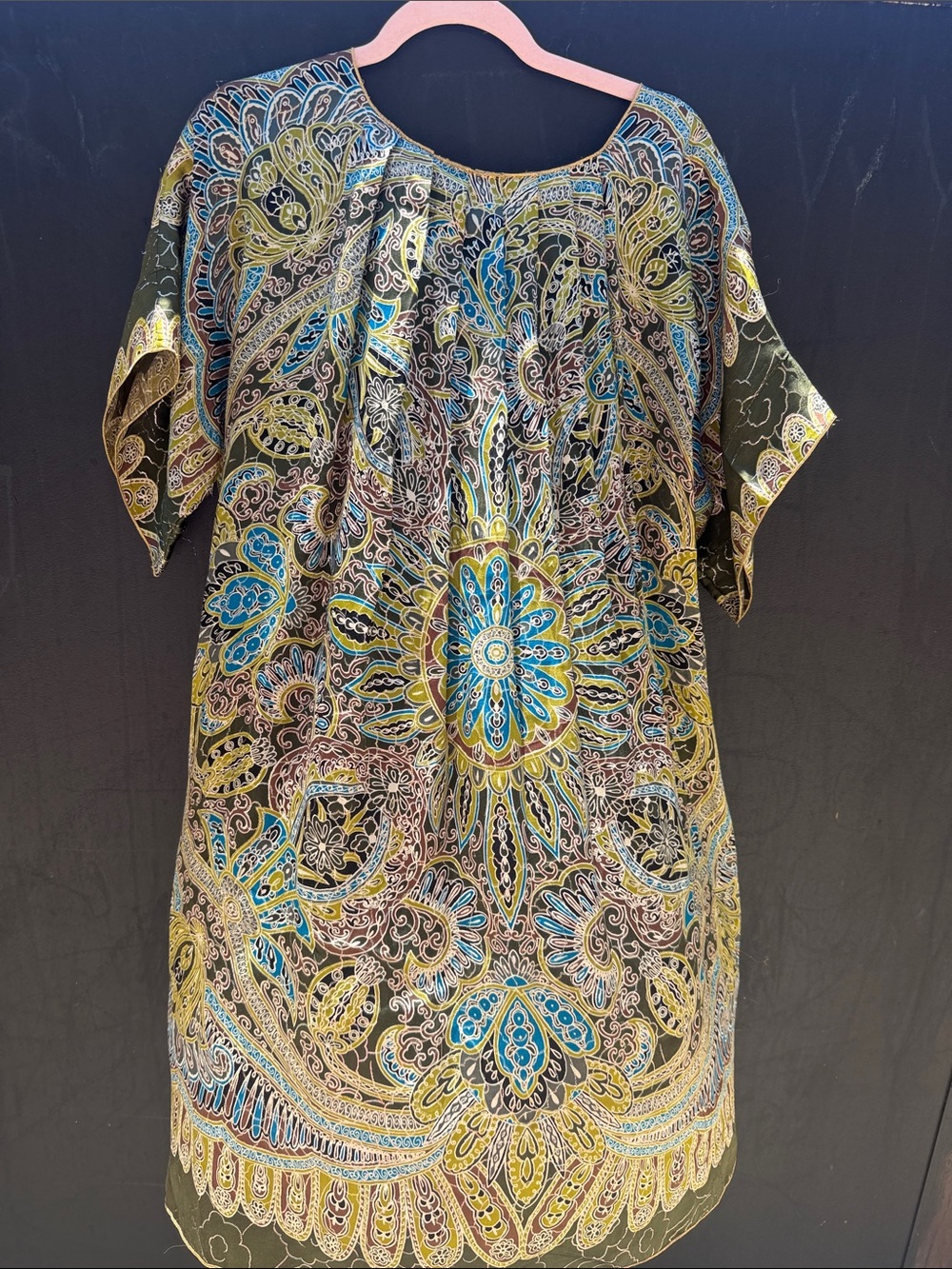 Anna Sui Vtg lamé Olive, chartreuse & Teal Paisley Medallion Dress tunic pockets - Picture 7 of 9
